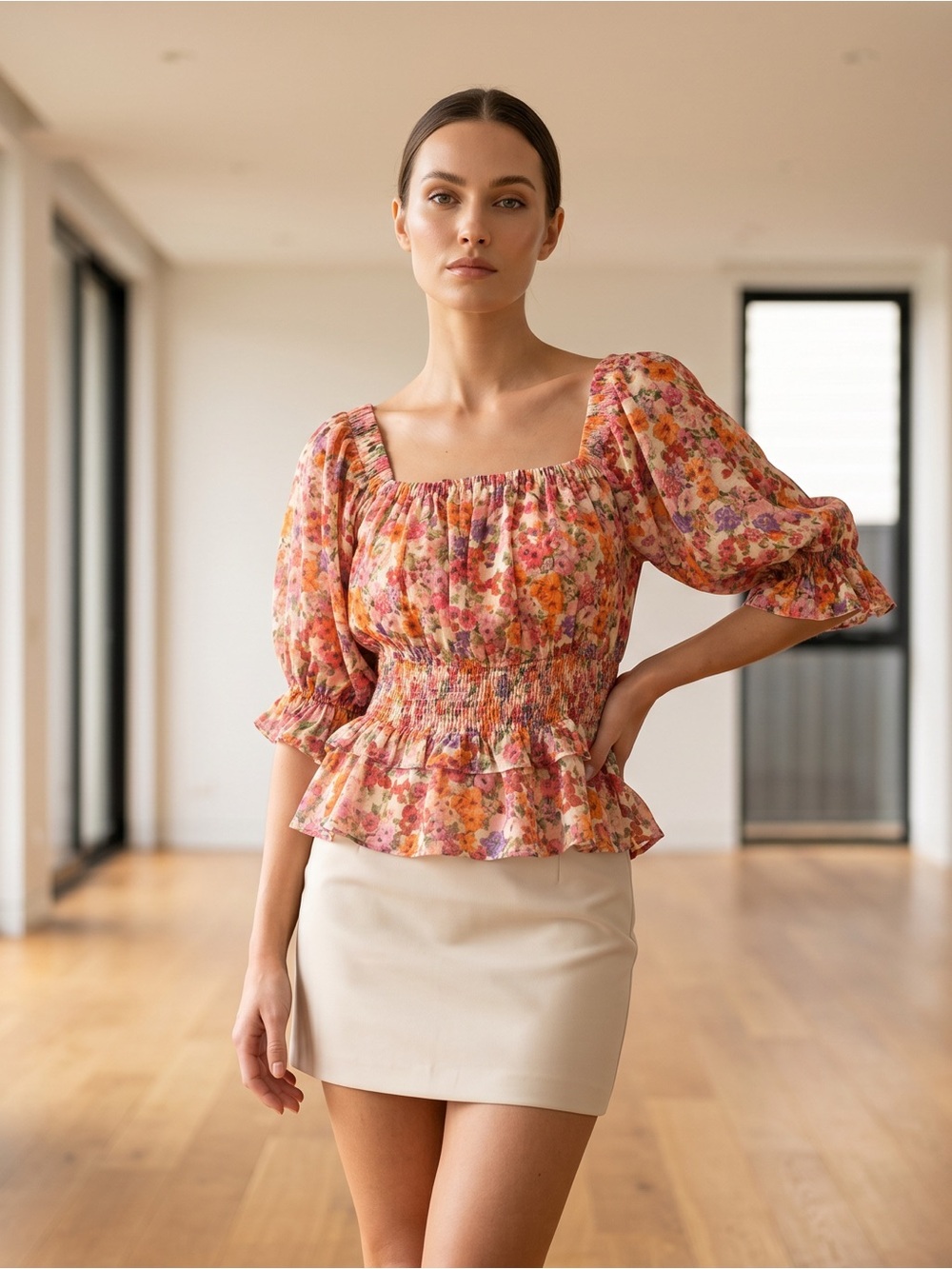 Lila Li Smocked Peplum Floral Blouse - Square Necklace & Voluminous Puff Sleeves